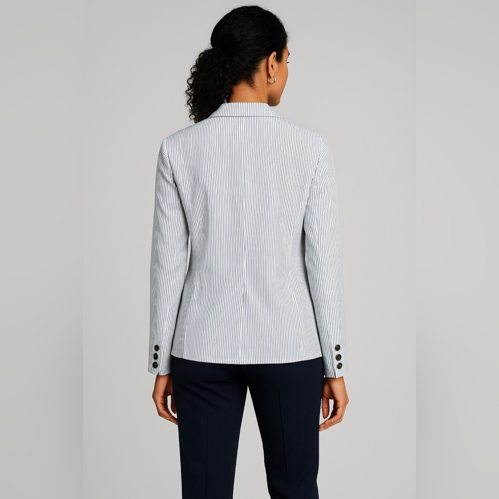 Ann Taylor Factory Womens Striped Blazer Size 16 Blue White Cotton Blend Jacket - Picture 3 of 15
